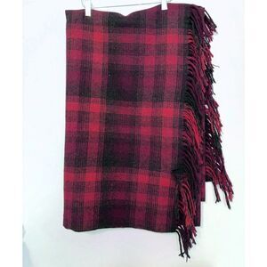 VTG Pendleton Red Black Tartan Wool Fringe Throw Blanket w/REPAIR Plaid Winter